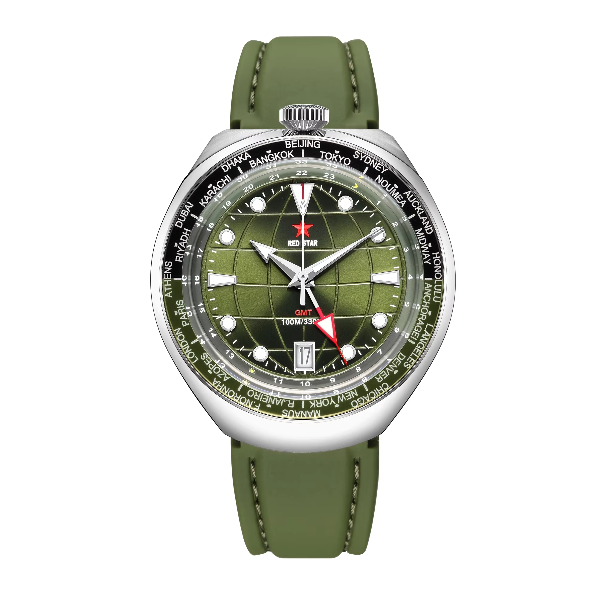  Montre BullHead en verre minéral RED STAR, 42mm, automatique, mécanique, GMT, double heure, mouv