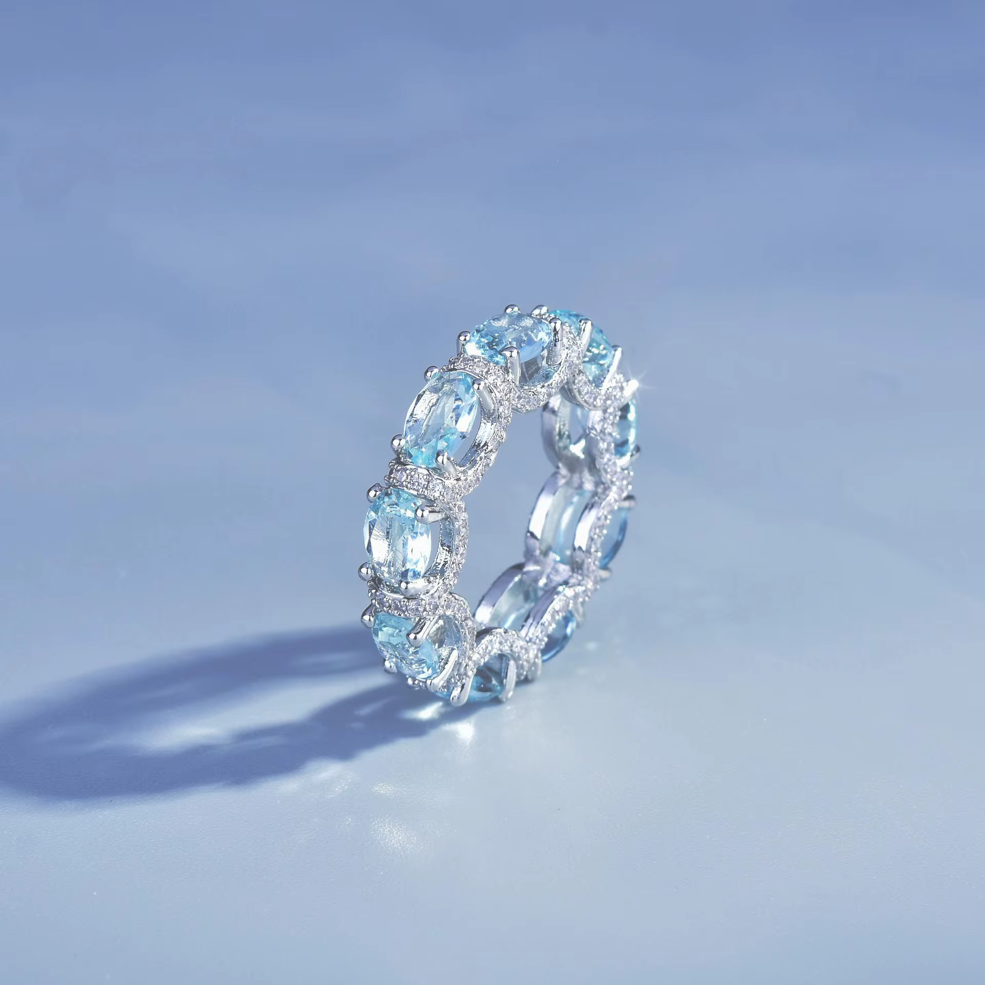 Ensemble de bijoux à la mode pour femmes, Bracelet rond aigue-marine, ensemble de bagues en Zircon, 