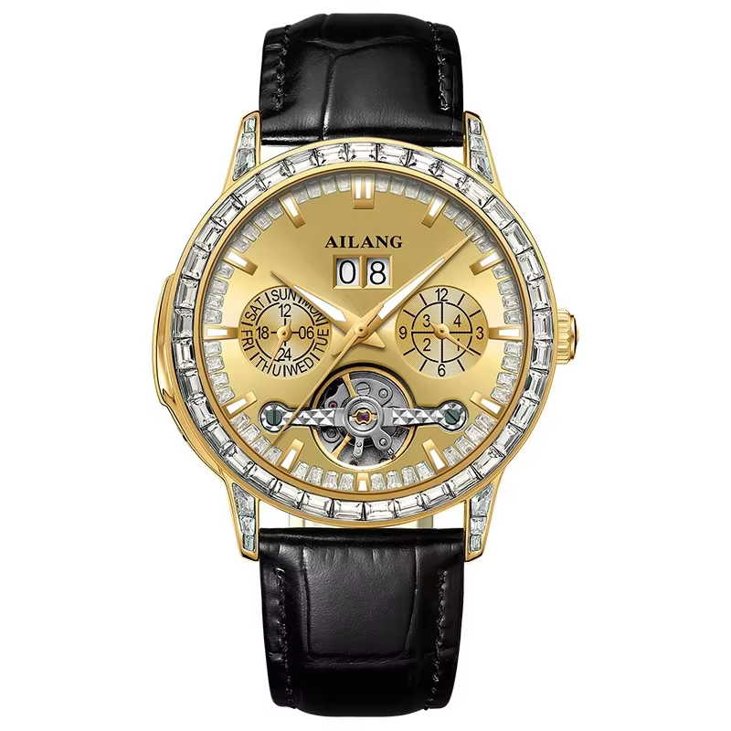 AILANG – montre mécanique automatique, bracelet en cuir, Tourbillon unisexe, verre enduit, calendrie