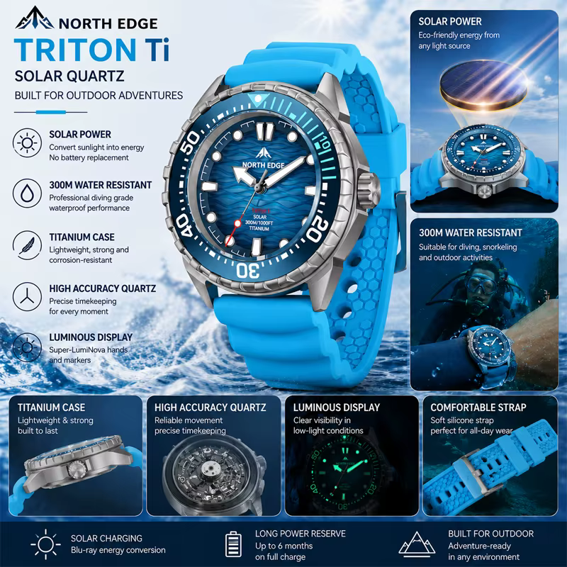 NORTH EDGE TRITON-TI Montre de plongée solaire pour homme en titane