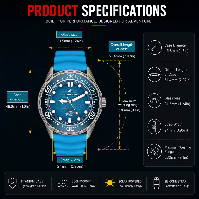 NORTH EDGE TRITON-TI Montre de plongée solaire pour homme en titane