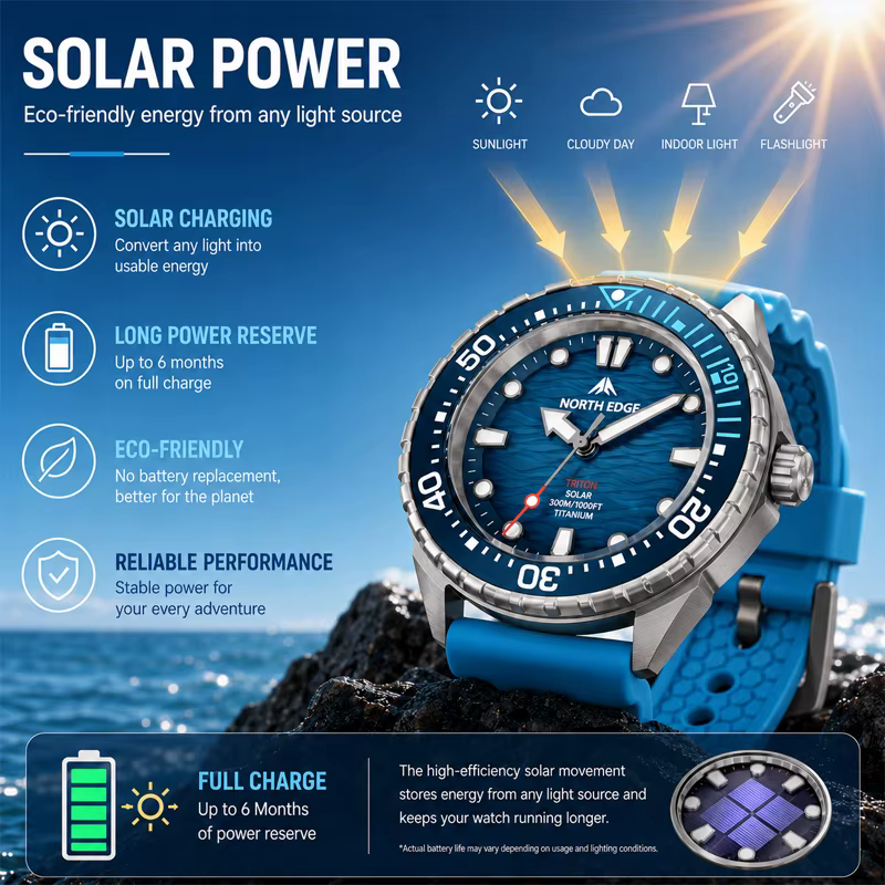 NORTH EDGE TRITON-TI Montre de plongée solaire pour homme en titane