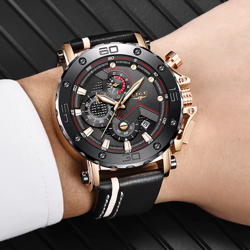 2025 mode Sport hommes montres LIGE Top marque de luxe grand cadran militaire Quartz horloge en cuir étanche