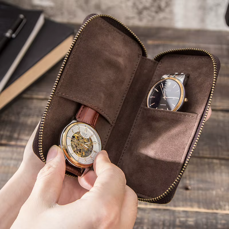 Boîte de montre en cuir rustique à 2 fentes