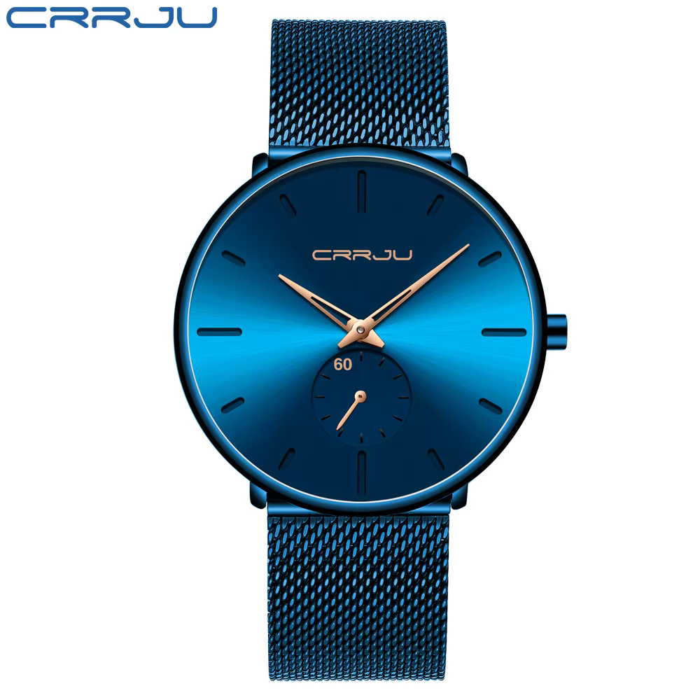 CRRJU mode bleu hommes montre haut de gamme marque minimaliste Ultra-mince