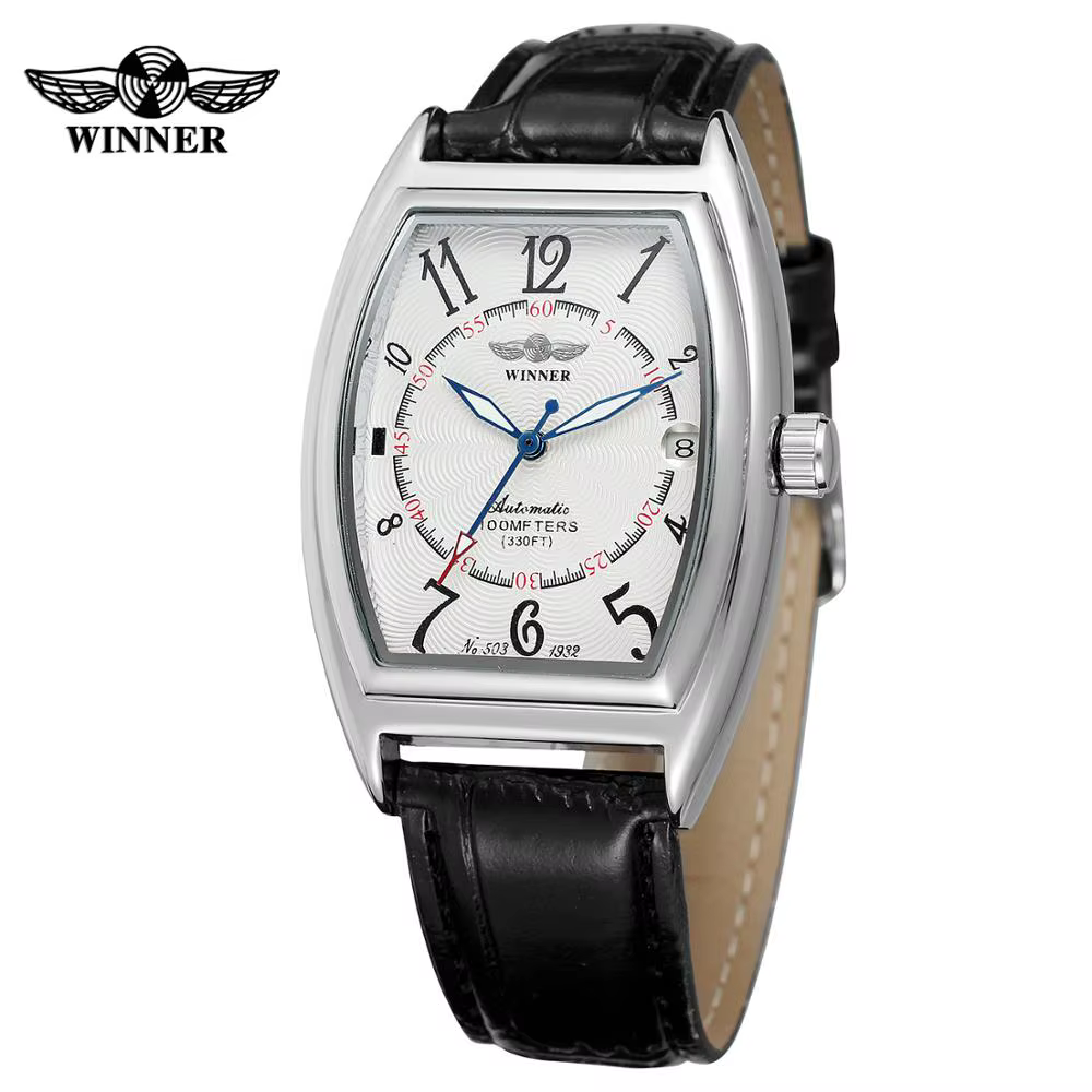 T-WINNER mode simple décontracté montre pour hommes rectangulaire cadran blanc boîtier en argent noir bracelet en cuir