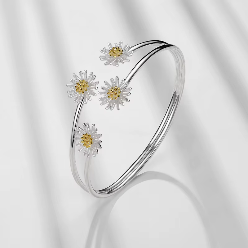 Bracelet manchette réglable en argent Sterling 925 véritable pour femmes, breloque fleur de marguerite, élégant, bijoux cadeau de fête de mariage