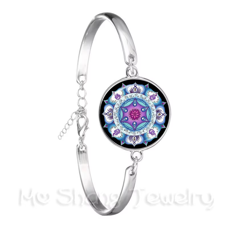 Bracelet Mandala en verre, Cabochon, géométrie sacrée, Yoga Om, chaîne plaquée argent pour femmes, 2018