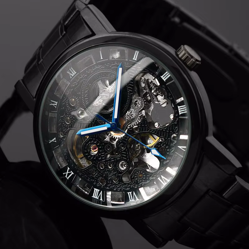 Gagnant noir hommes montre Cool mécanique automatique montre-bracelet en acier inoxydable bande mâle horloge squelette cadran romain luxe relogio