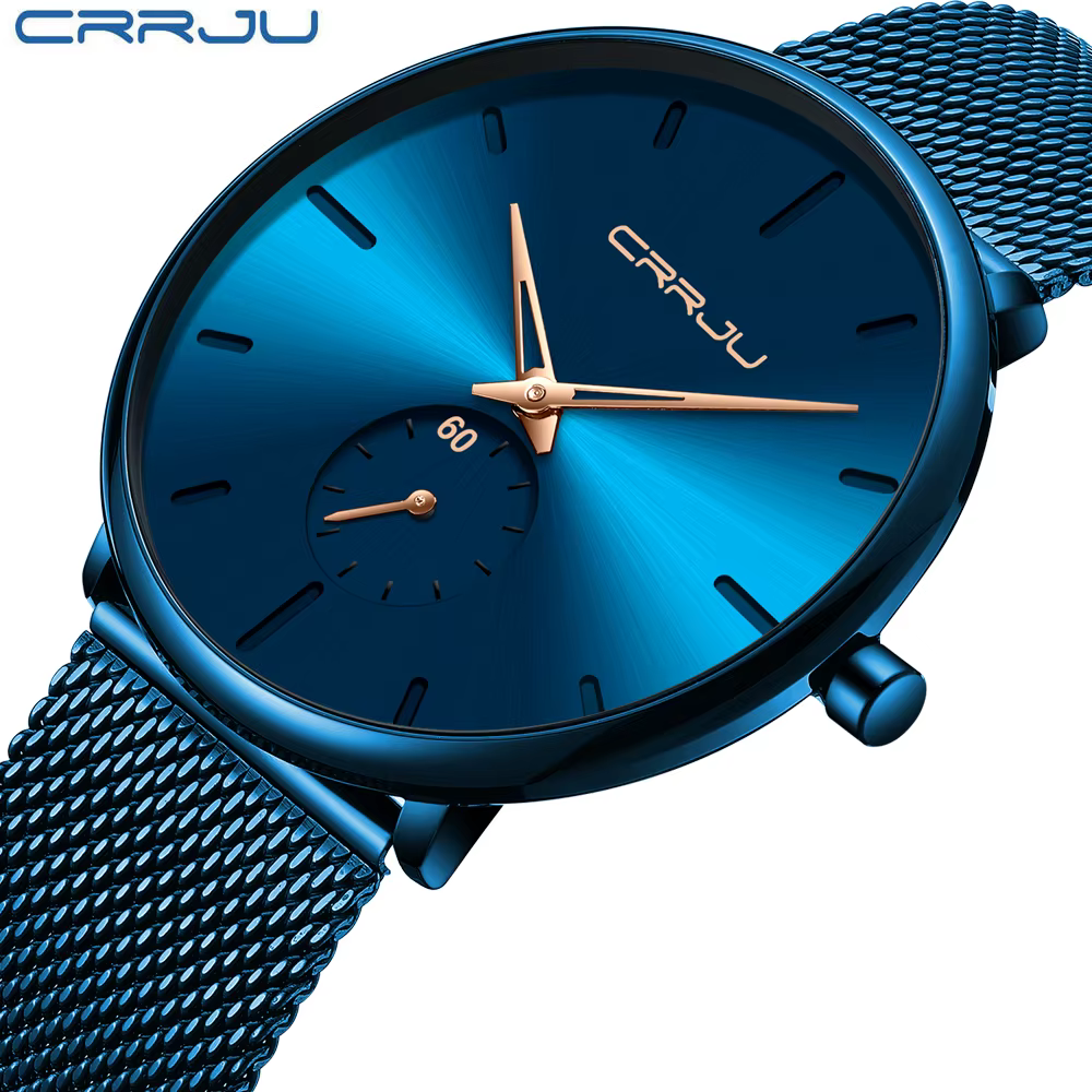 CRRJU mode bleu hommes montre haut de gamme marque minimaliste Ultra-mince