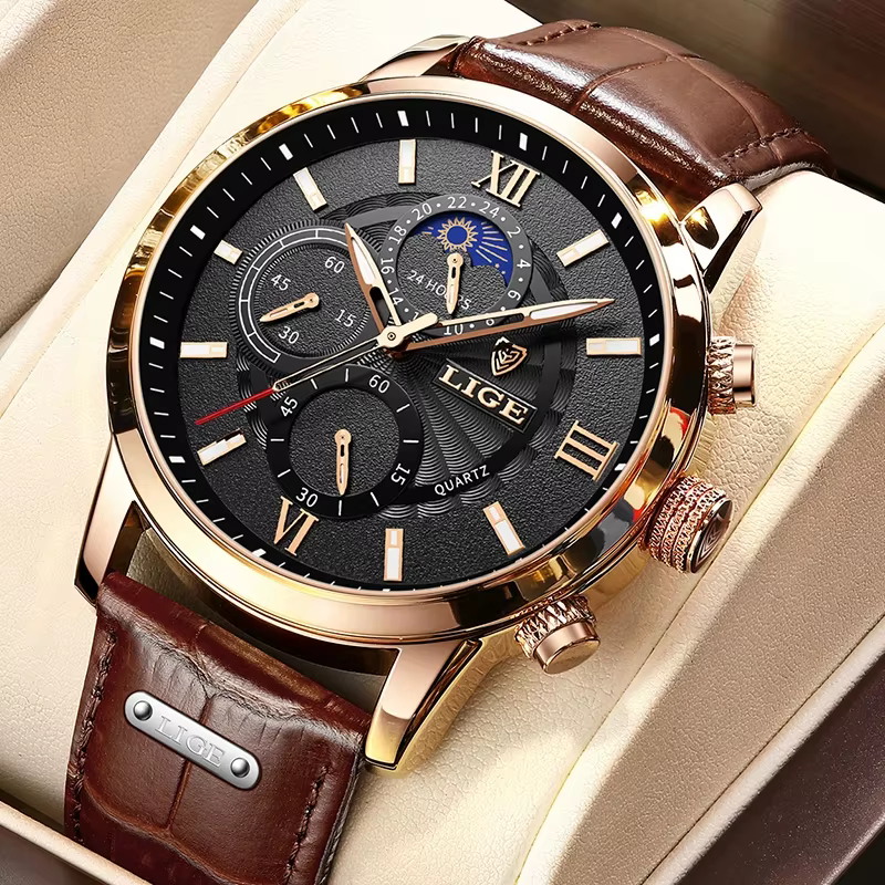 2025 nouvelles montres pour hommes LIGE Top marque de luxe en cuir montre à quartz décontractée