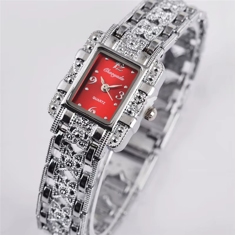 Femmes montre Rectangle cadran argent acier inoxydable cristal montres mode Quartz