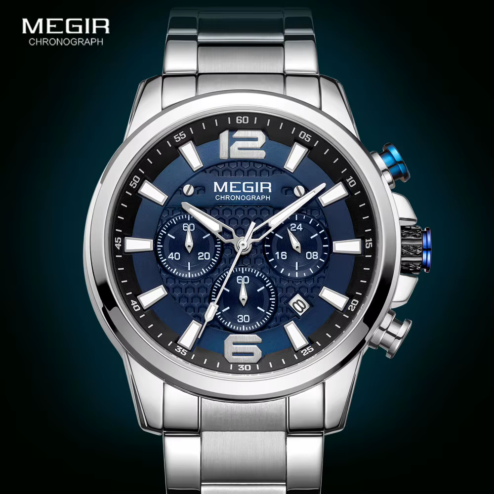 MEGIR 2020 montres de luxe hommes Top marque en acier inoxydable étanche montre-bracelet lumineuse bleu sport chronographe montre à Quartz homme