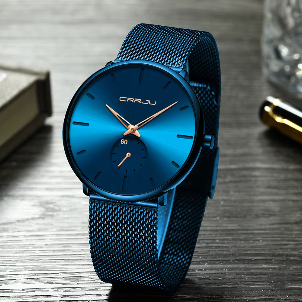 CRRJU mode bleu hommes montre haut de gamme marque minimaliste Ultra-mince