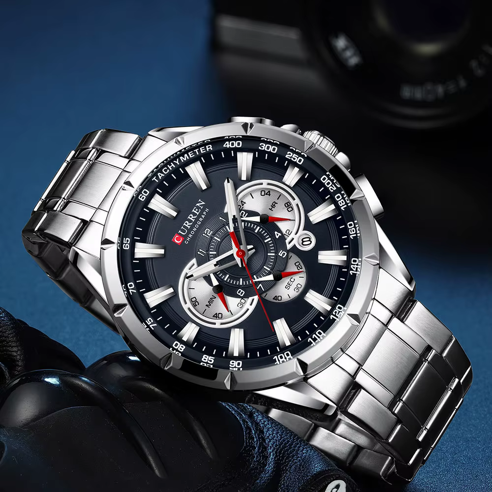 CURREN nouveau chronographe de Sport décontracté montres pour hommes bracelet en acier inoxydable montre-bracelet grand cadran horloge à Quartz avec pointeurs lumineux