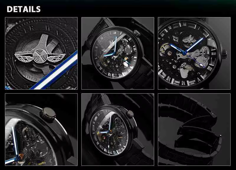 Gagnant noir hommes montre Cool mécanique automatique montre-bracelet en acier inoxydable bande mâle horloge squelette cadran romain luxe relogio