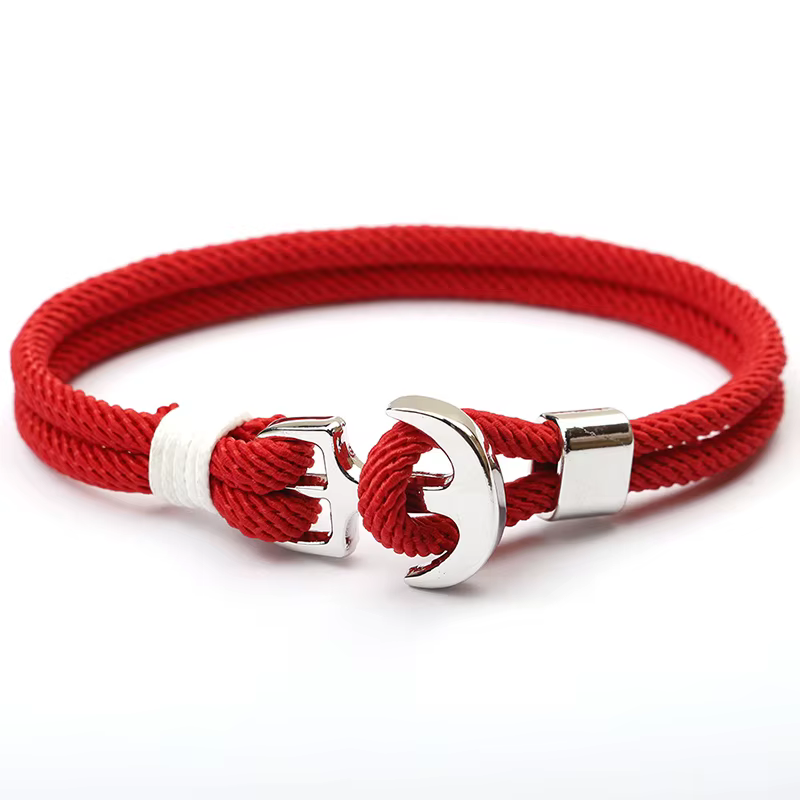 Bracelet en corde tressée pour hommes, ancre nautique, bicouche, couleur argent, crochet de qualité A, cordon Minlan, Bracelet d'enveloppe, bijoux de plage, de surf