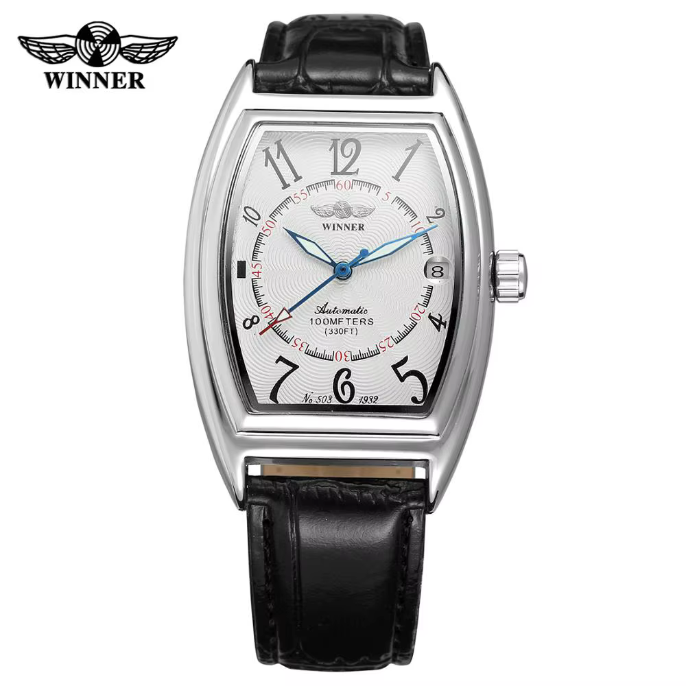T-WINNER mode simple décontracté montre pour hommes rectangulaire cadran blanc boîtier en argent noir bracelet en cuir