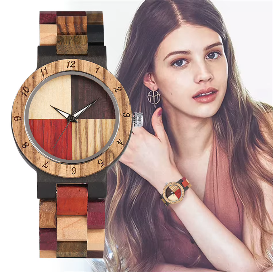 Bracelet en bois montre-Bracelet à Quartz pour femme 4 couleurs cadran mixte naturel entièrement