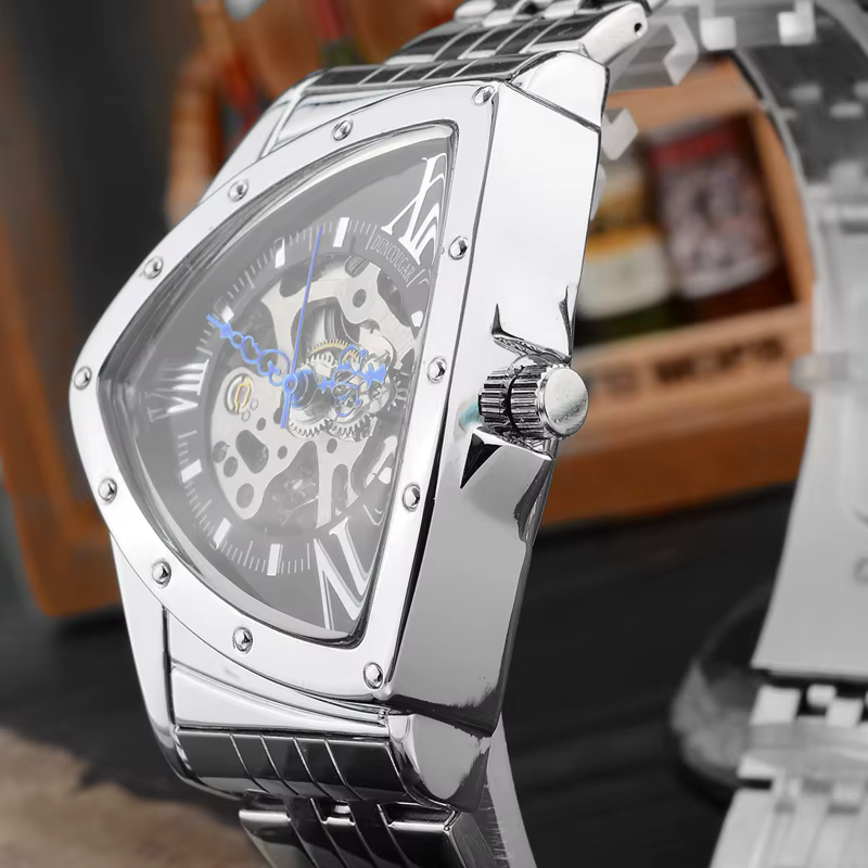 Hommes montre creux triangulaire mécanique montres en acier inoxydable hommes montres marque de mode hommes horloge mâle livraison directe!! !
