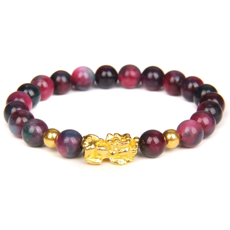 Bracelet de perles d'agates à rayures vertes, Bracelets Feng Shui Pixiu pour femmes et hommes, multicolore, calcédoine, richesse, bonne chance