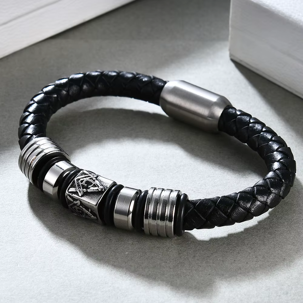 Bracelet en cuir véritable avec boucle magnétique pour homme
