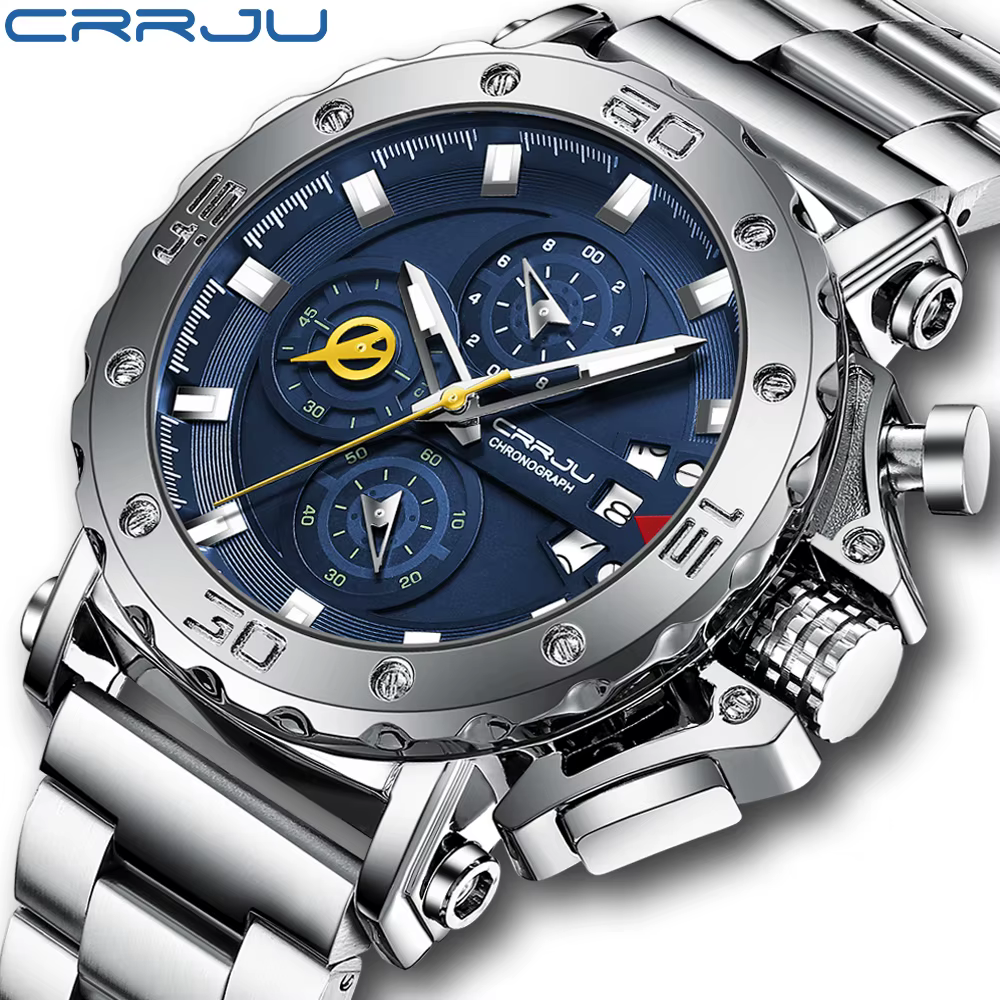 CRRJU montre pour hommes Top marque de luxe grand cadran en acier inoxydable étanche chronographe montres avec Date Relogio Masculino
