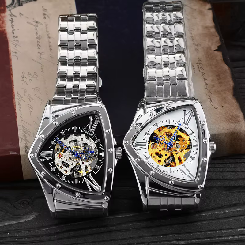 Hommes montre creux triangulaire mécanique montres en acier inoxydable hommes montres marque de mode hommes horloge mâle livraison directe!! !