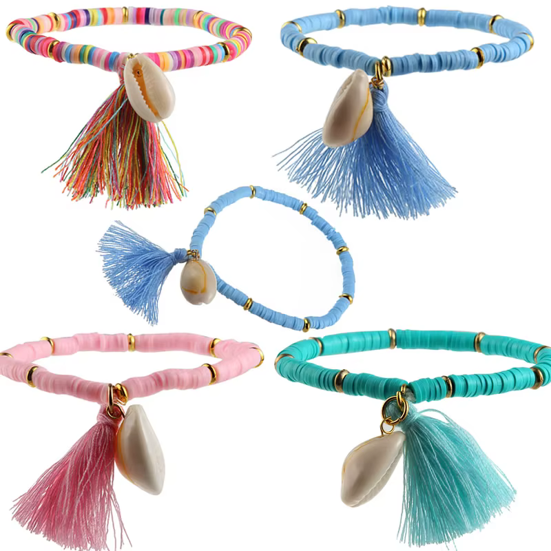 Bracelet artisanal bohème multicolore en coquillages Heishi et pampilles, 7 couleurs, extensible, pour l'été, la plage, style bohème, pour femme
