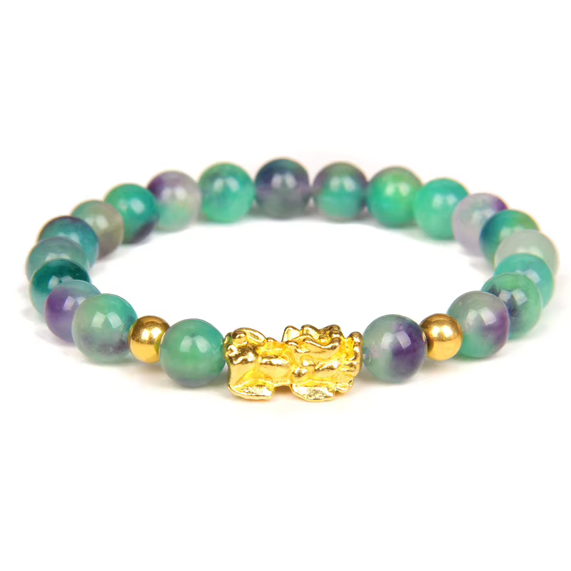 Bracelet de perles d'agates à rayures vertes, Bracelets Feng Shui Pixiu pour femmes et hommes, multicolore, calcédoine, richesse, bonne chance