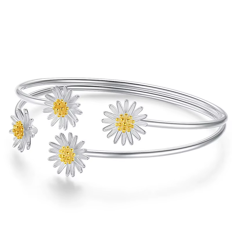 Bracelet manchette réglable en argent Sterling 925 véritable pour femmes, breloque fleur de marguerite, élégant, bijoux cadeau de fête de mariage