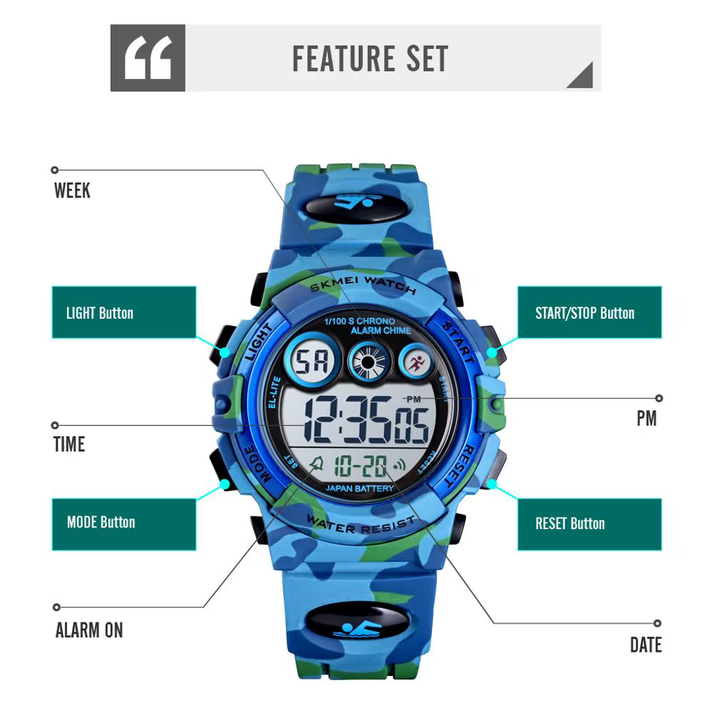 SKMEI enfants LED montre numérique électronique chronomètre horloge 2 temps