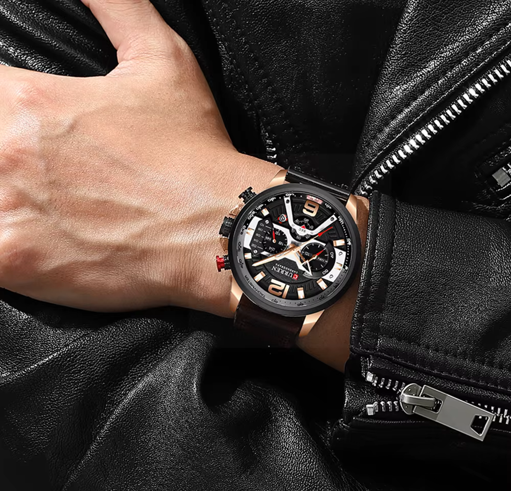 Istro REN-Montre de sport chronographe en cuir bleu pour homme