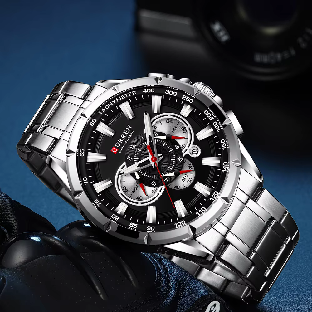 CURREN nouveau chronographe de Sport décontracté montres pour hommes bracelet en acier inoxydable montre-bracelet grand cadran horloge à Quartz avec pointeurs lumineux