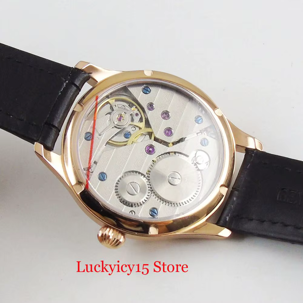 Montre-bracelet ronde à remontage manuel en or rose pour homme, cadran blanc, mouvement à main 6497, 44mm