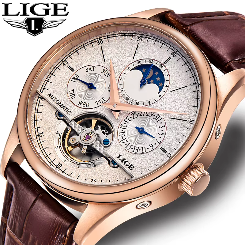LIGE marque classique hommes rétro montres automatique mécanique montre Tourbillon horloge en cuir véritable étanche militaire montre-bracelet