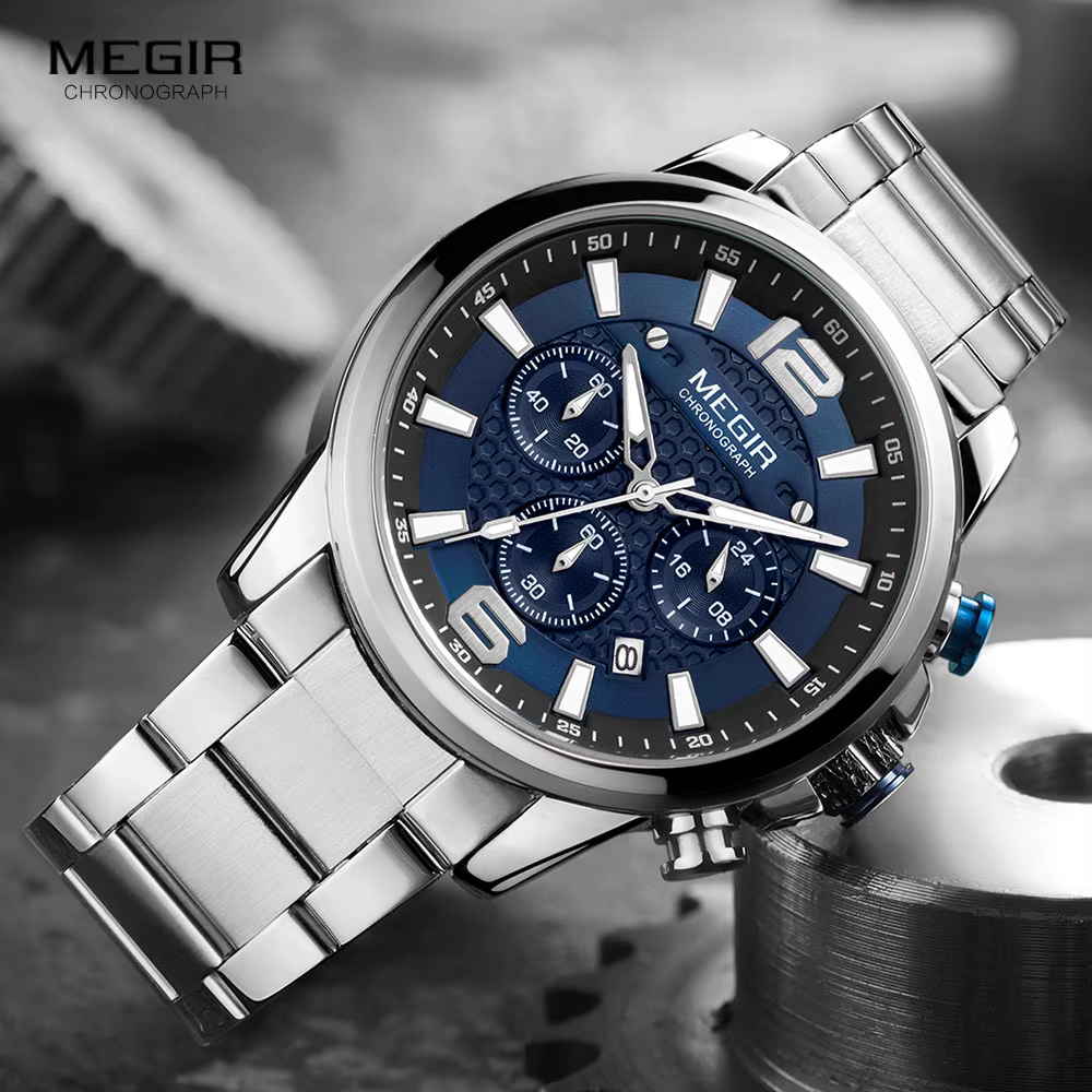 MEGIR 2020 montres de luxe hommes Top marque en acier inoxydable étanche montre-bracelet lumineuse bleu sport chronographe montre à Quartz homme