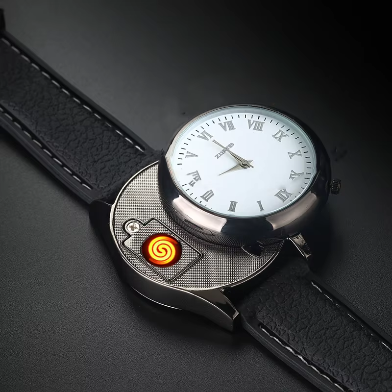 Montre en métal coupe-vent pour homme, briquet sans flamme, Rechargeable USB, outil exquis, gadget cadeau