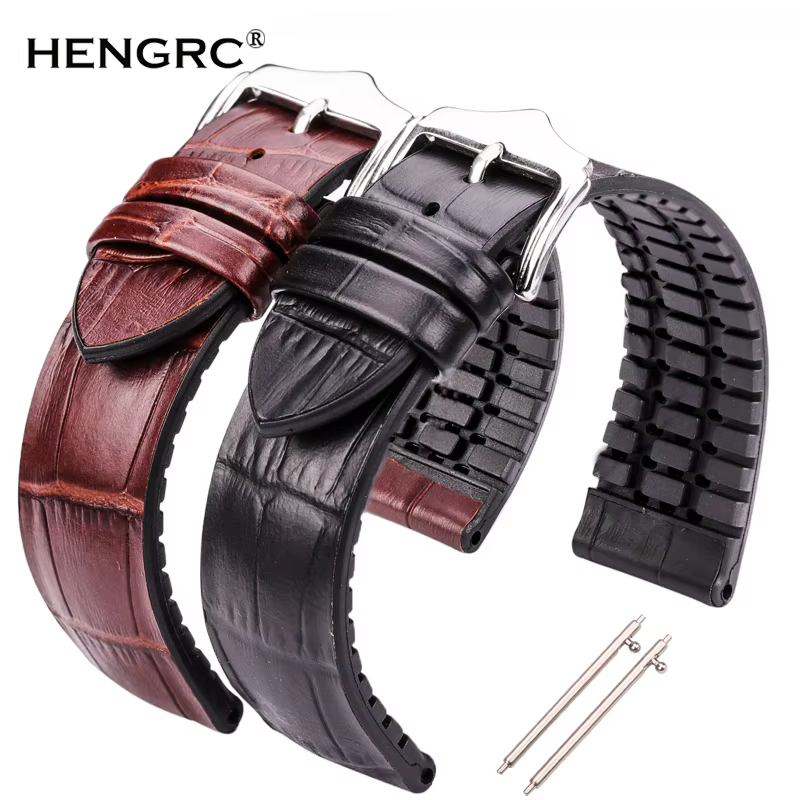 Bracelet de montre en cuir véritable avec caoutchouc