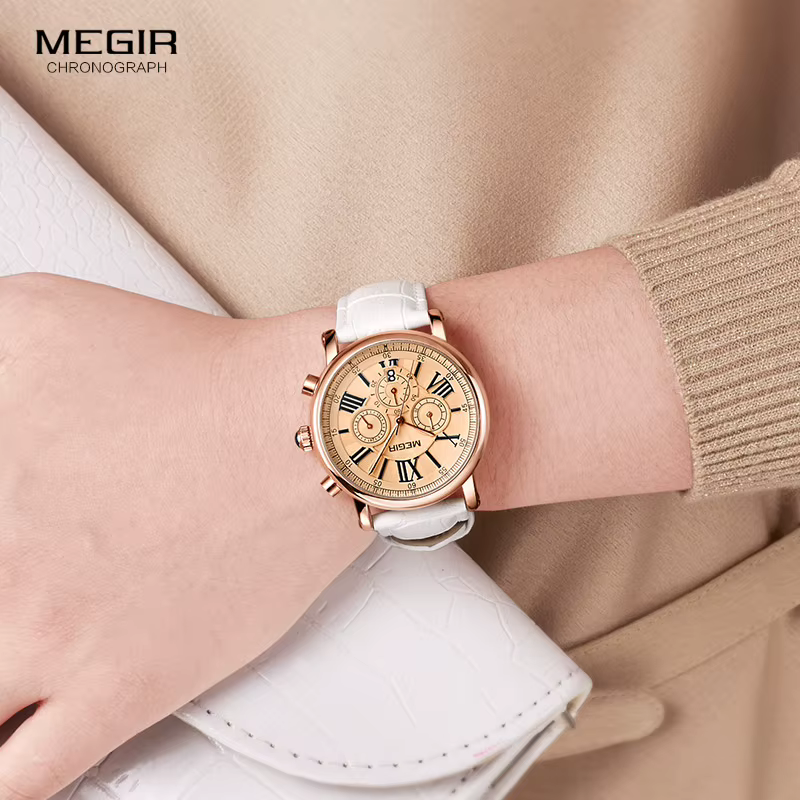 Megir montre chronographe à Quartz pour femme avec 24 heures et affichage du calendrier bracelet en cuir blanc chronomètres pour dames 2058L
