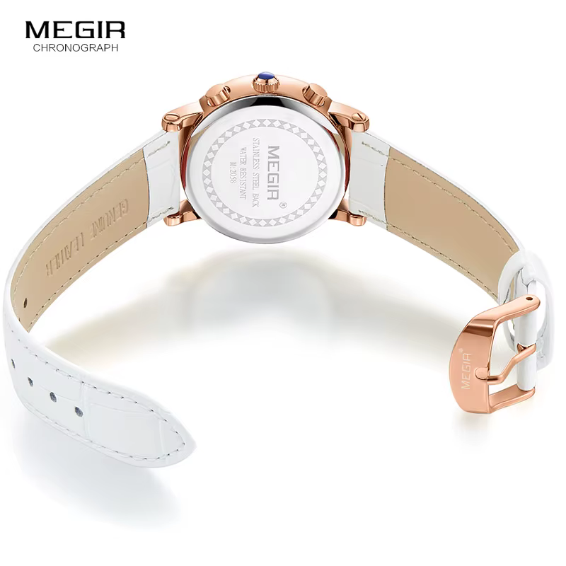 Megir montre chronographe à Quartz pour femme avec 24 heures et affichage du calendrier bracelet en cuir blanc chronomètres pour dames 2058L
