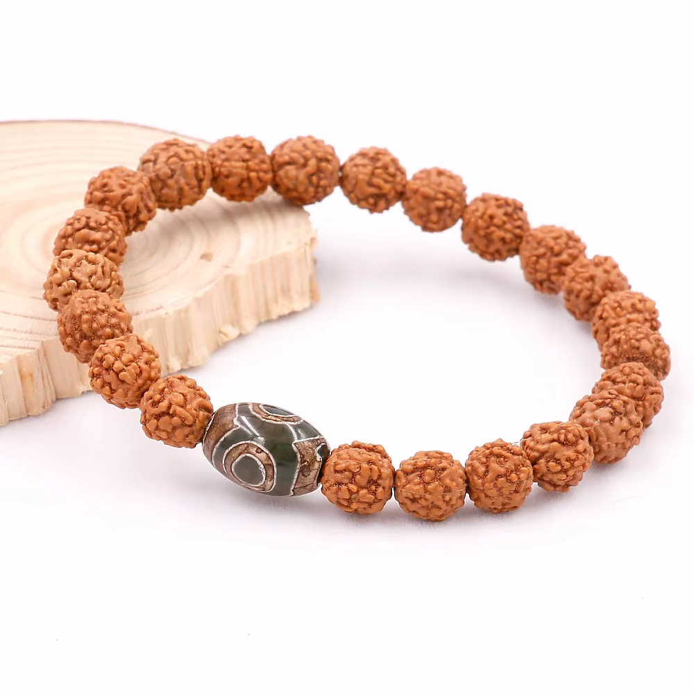 Graine de Rudraksha naturelle avec bouddhisme tibétain, perles d'oeil Dzi, Bracelet pour hommes et femmes, vente en gros, nouveaux bijoux porte-bonheur de guérison Mala