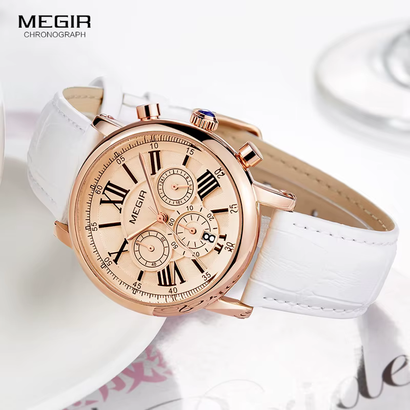 Megir montre chronographe à Quartz pour femme avec 24 heures et affichage du calendrier bracelet en cuir blanc chronomètres pour dames 2058L