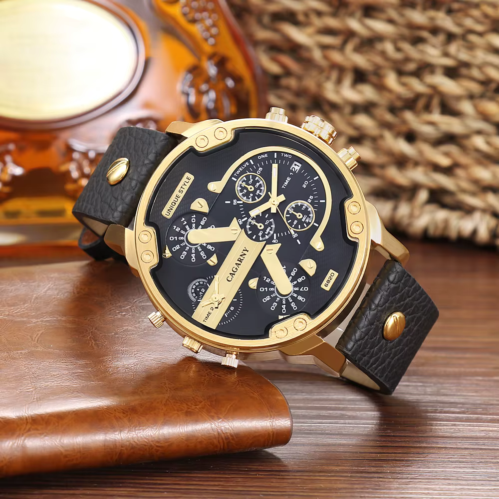 Cagarny montre à Quartz de luxe hommes bracelet en cuir noir boîtier doré double fois militaire dz Relogio Masculino