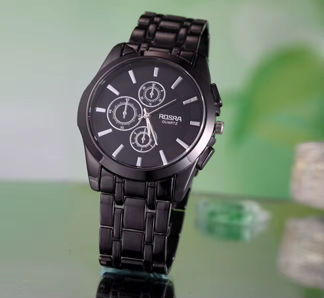 Montre de sport à quartz en acier inoxydable pour homme, montre-bracelet noire
