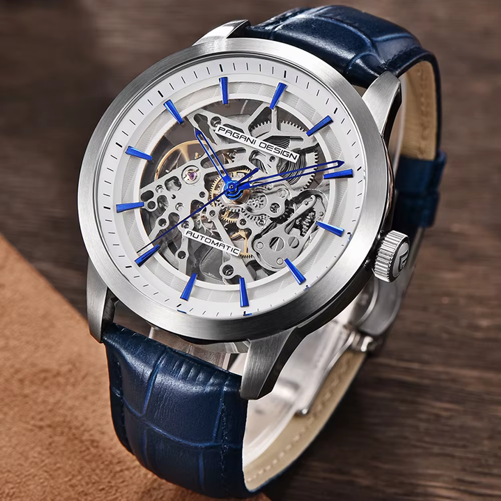 PAGANI DESIGN homme d'affaires montre de luxe squelette creux en cuir montre-bracelet