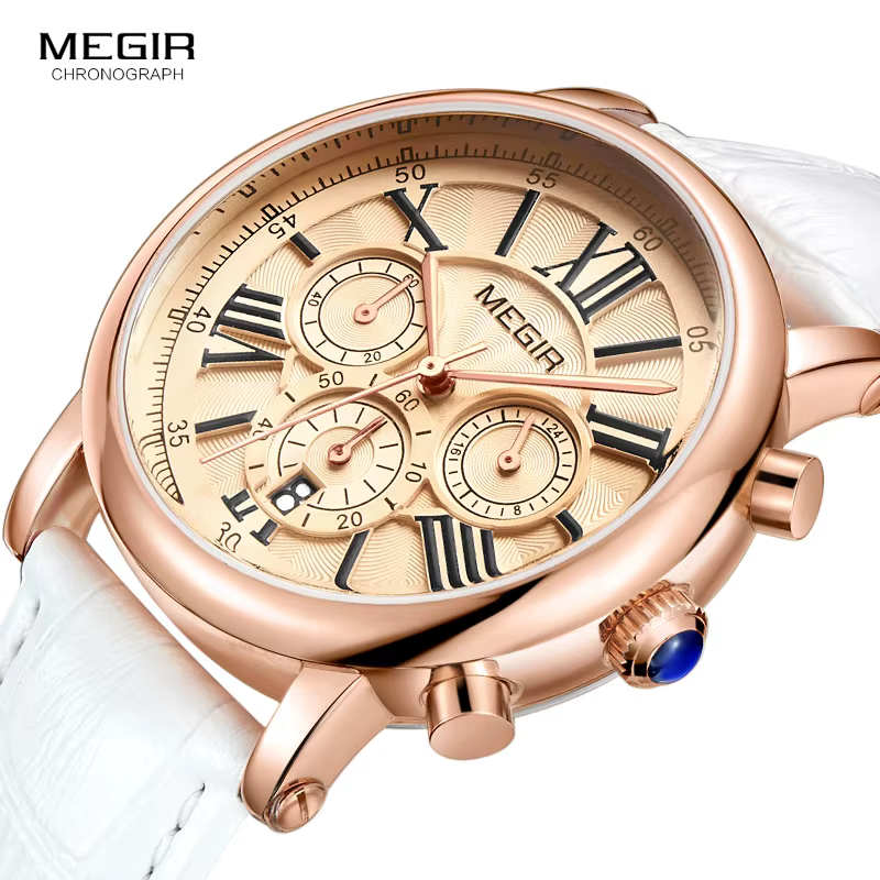 Megir montre chronographe à Quartz pour femme avec 24 heures et affichage du calendrier bracelet en cuir blanc chronomètres pour dames 2058L
