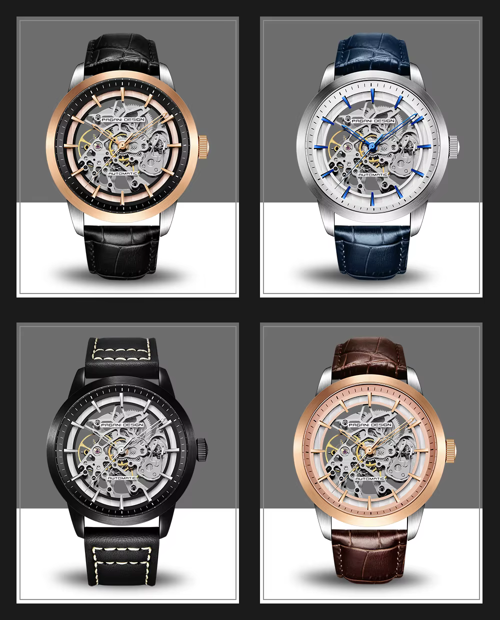 PAGANI DESIGN homme d'affaires montre de luxe squelette creux en cuir montre-bracelet