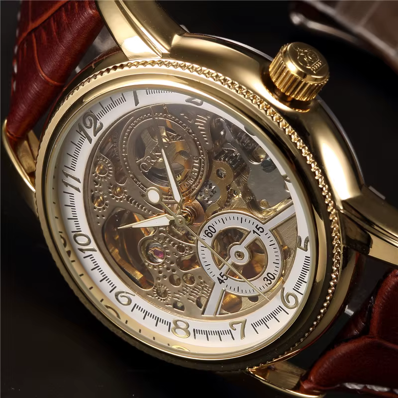 Hommes montres de luxe doré squelette mécanique Steampunk mâle horloge automatique montre-bracelet bracelet en cuir Herren Horloges