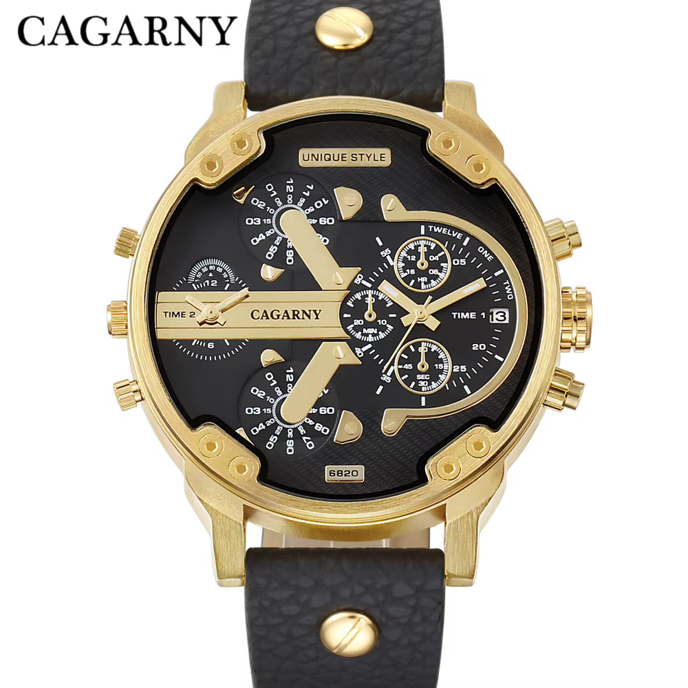 Cagarny montre à Quartz de luxe hommes bracelet en cuir noir boîtier doré double fois militaire dz Relogio Masculino